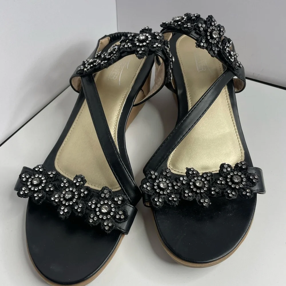Chic Black Beaded Wedge Sandals‎